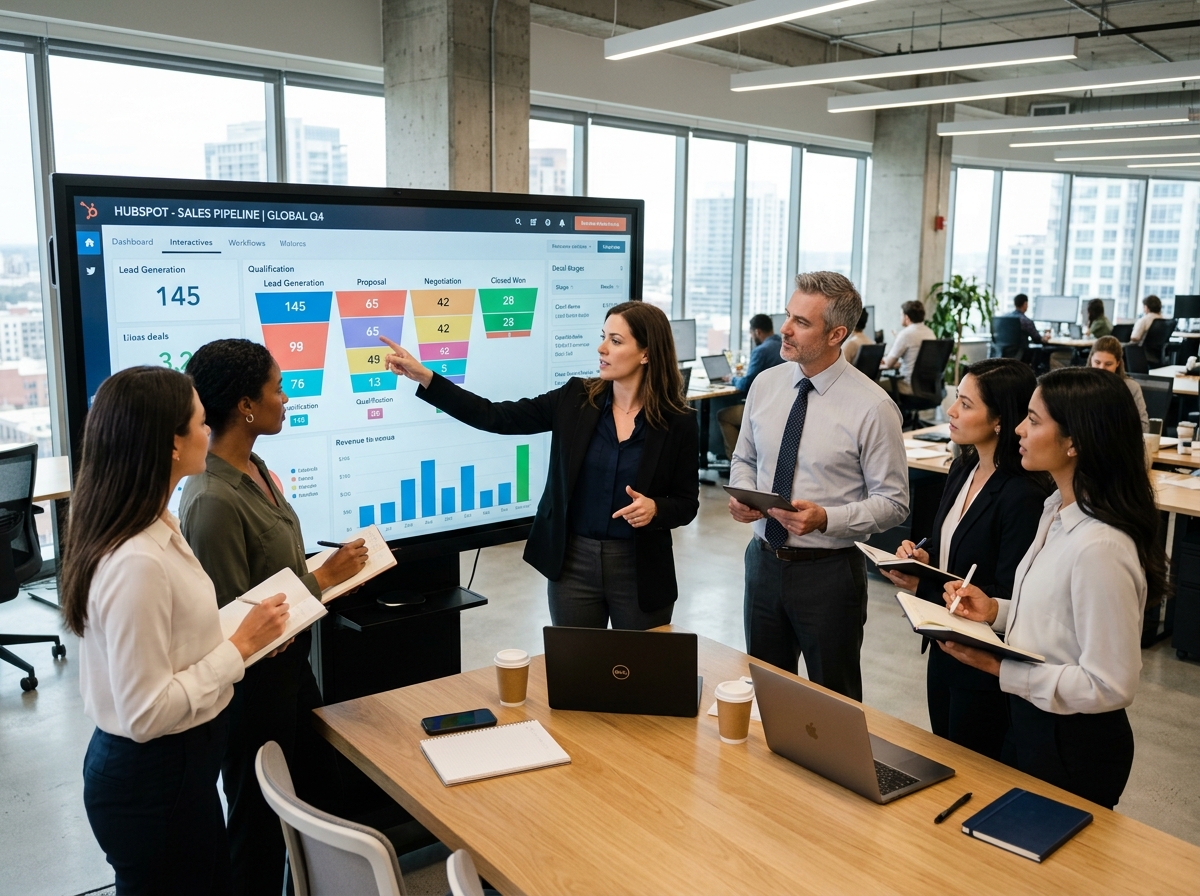 Sales team reviewing a workflow on screen