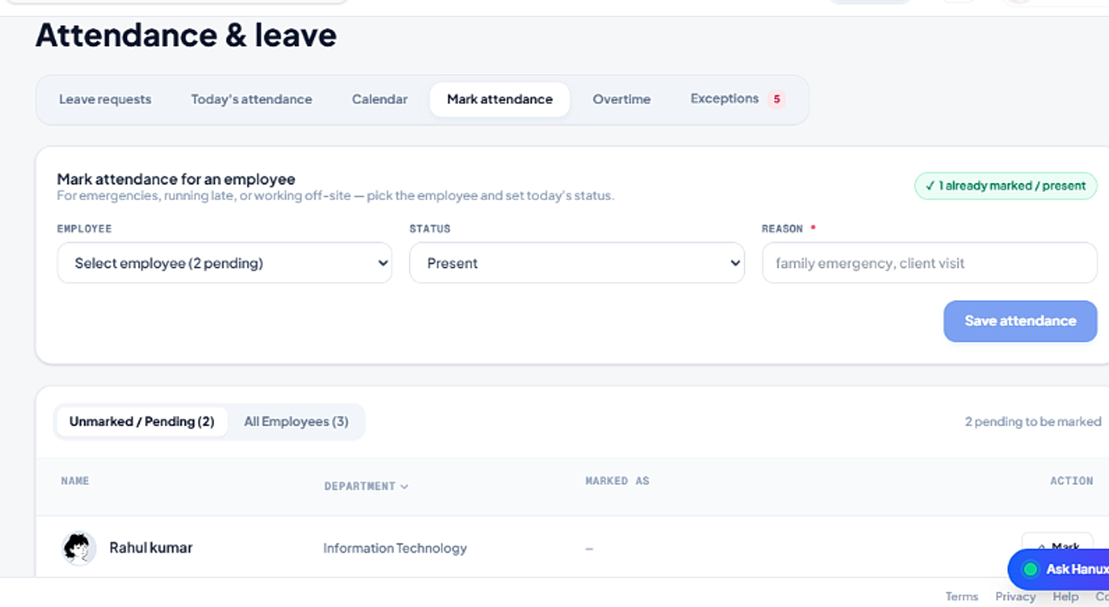 Hanux HRM Real-Time Attendance Management