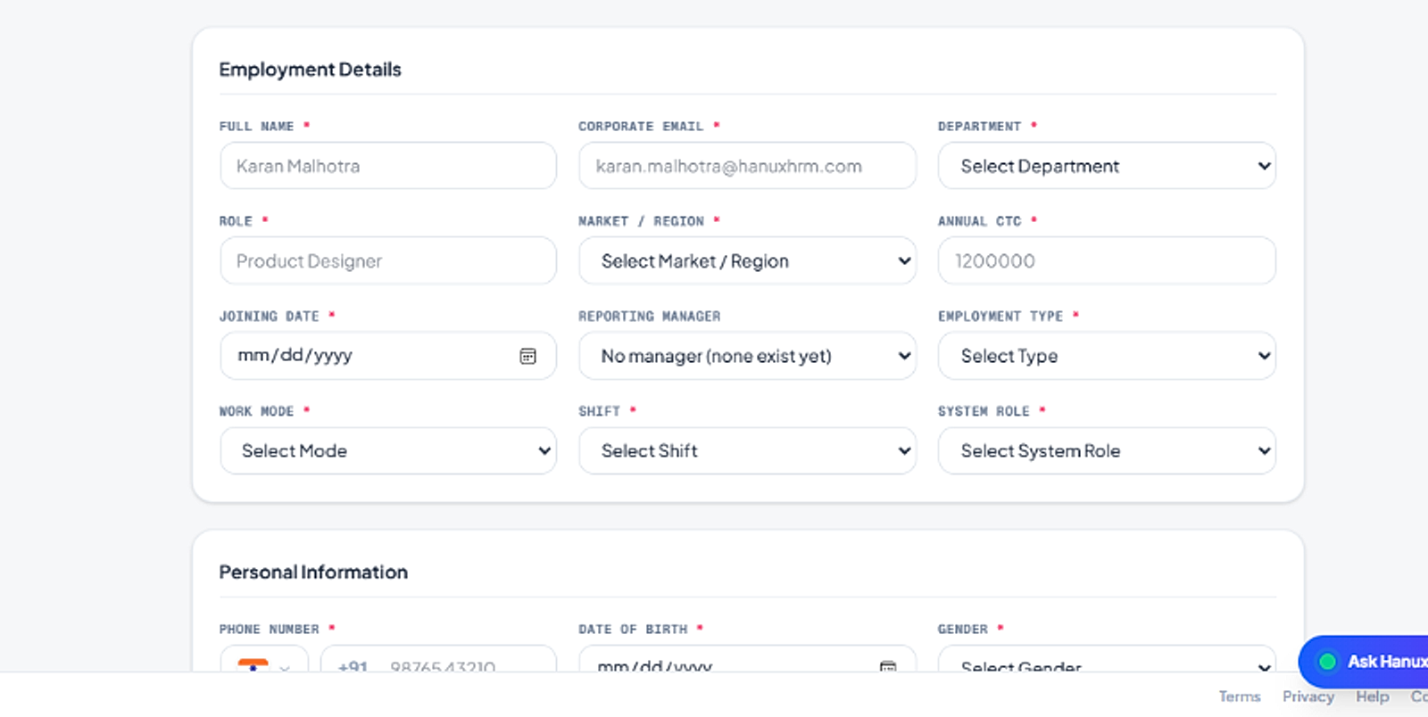 Hanux HRM Employee Management Dashboard