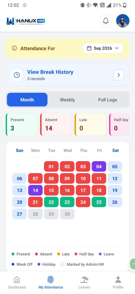 Hanux HRM Mobile Attendance & Calendar