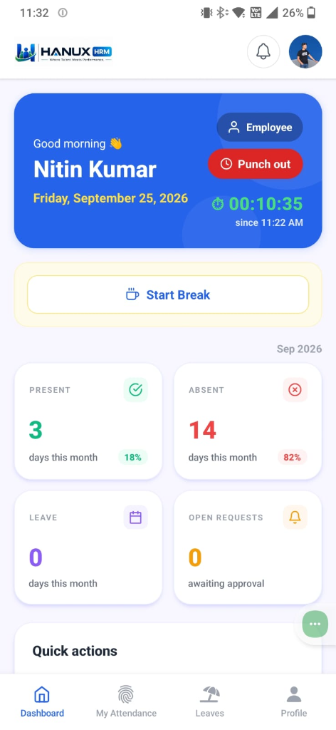 Hanux HRM Mobile Self-Service Dashboard