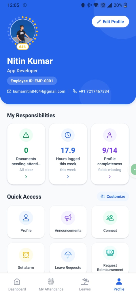 Hanux HRM Mobile Employee Profile & Quick Access